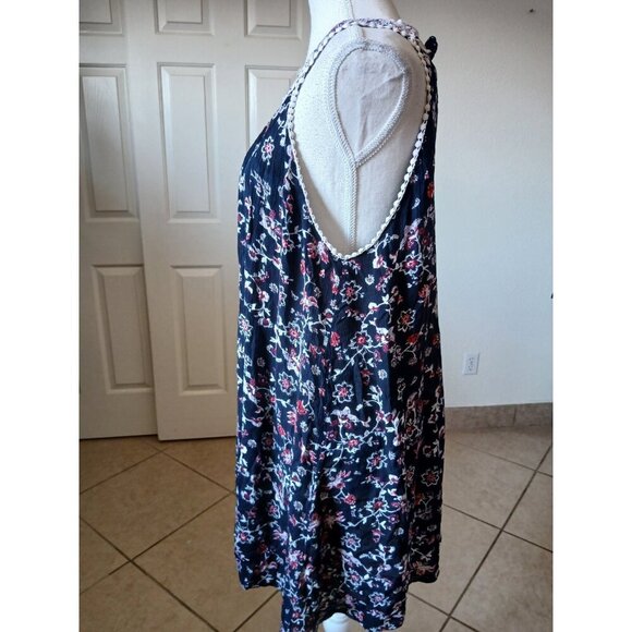 J. Gee Boho Floral Halter Dress Tunic M Navy Blue Embroidered Trim Sleeveless - Picture 3 of 13